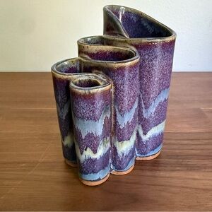 Vintage Bay Pottery Handmade Clay 5 Chamber Ribbon Vase in Purple Blue Glaze